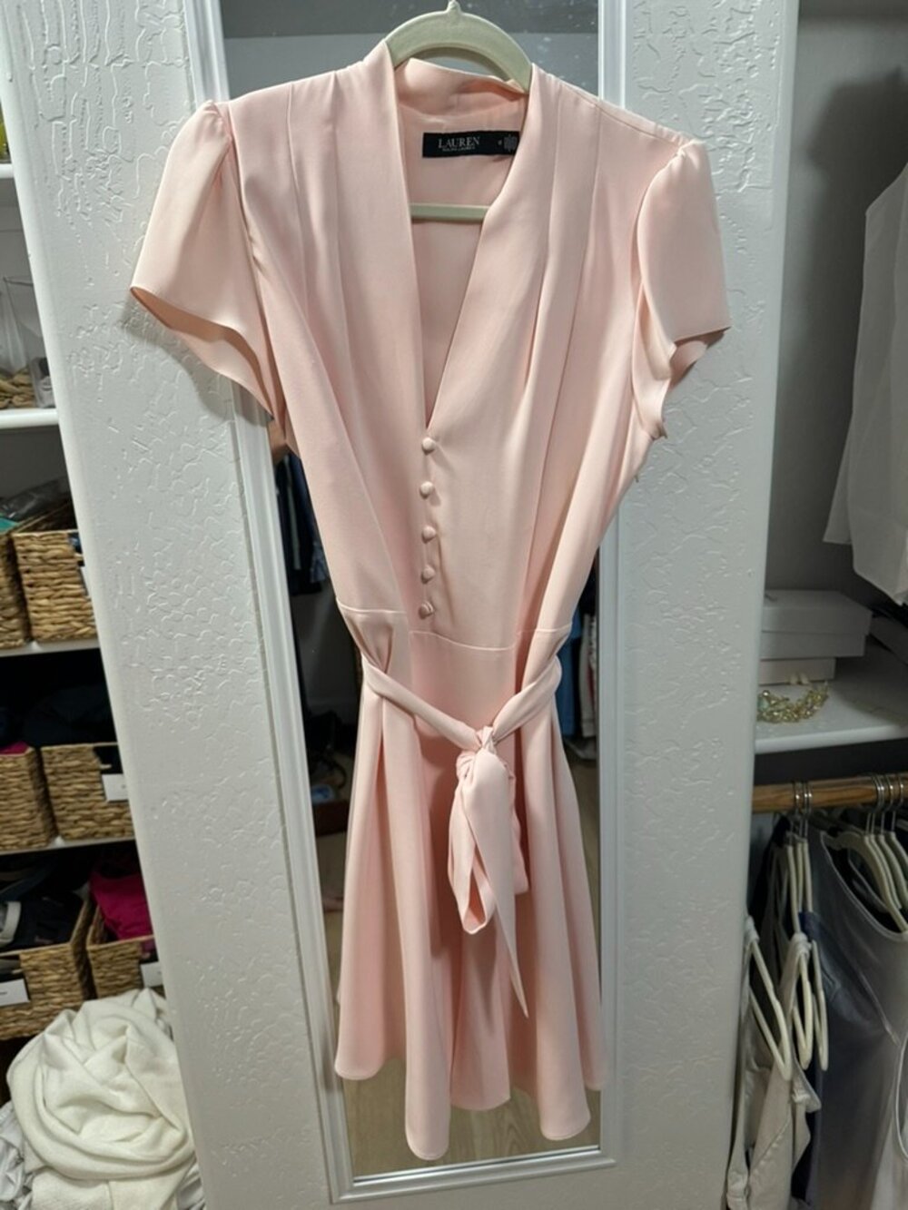 LAUREN Ralph Lauren Blush Pink Tie Waist Dress Flutter Sleeve Wedding Guest Size